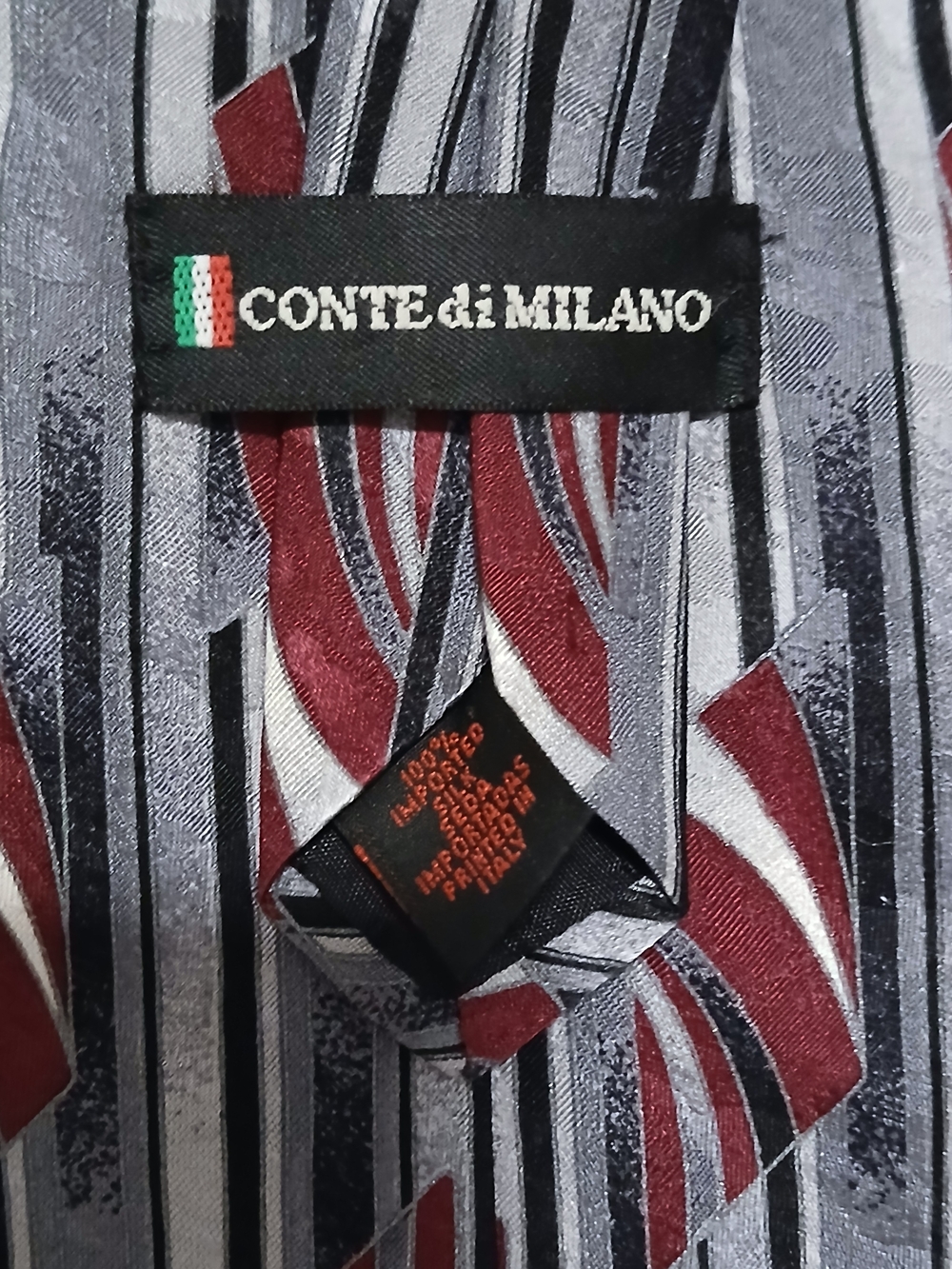 Conte di Milano Men's Burgundy and Gray Striped Silk Tie